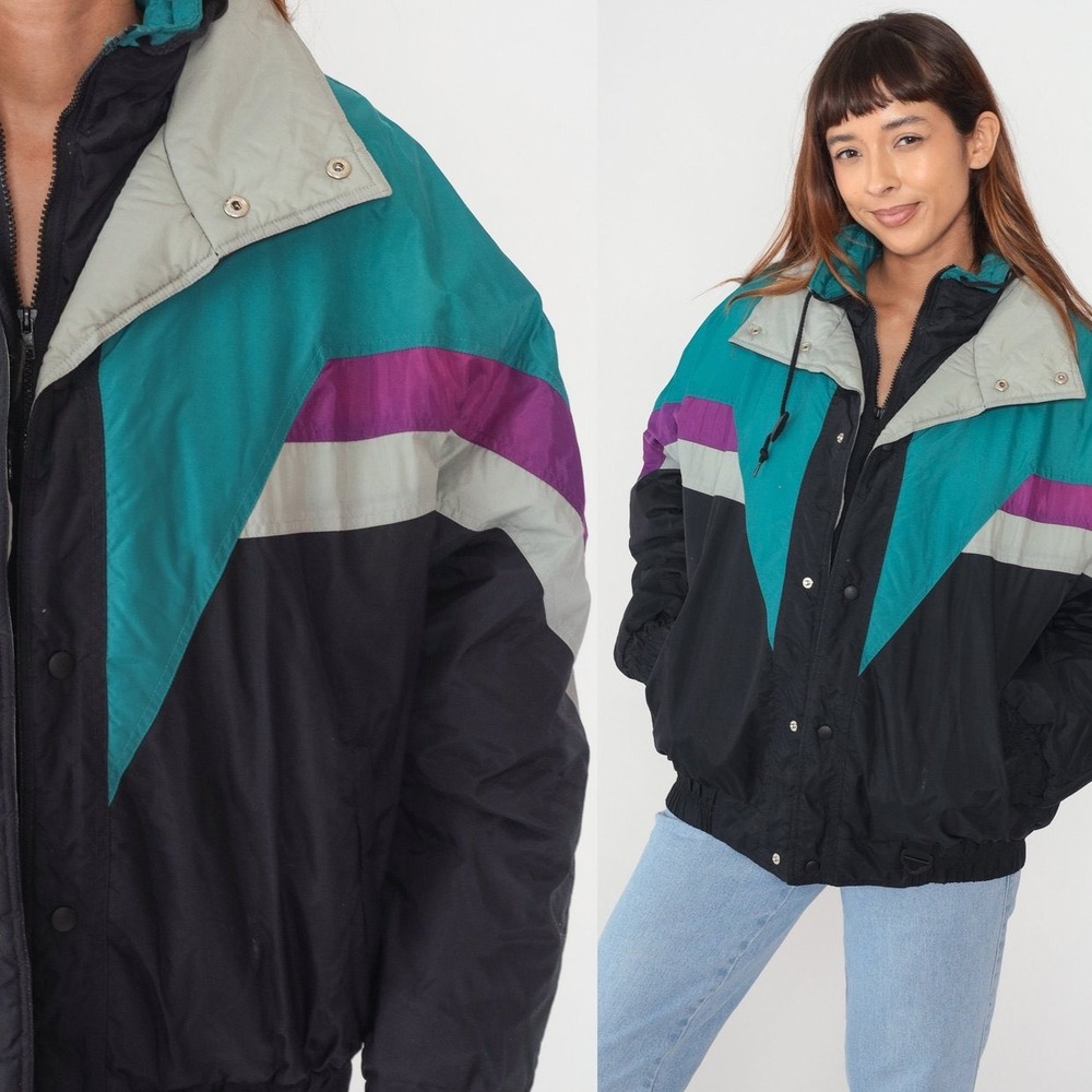 Vintage Steep Slopes Colorblock Ski Jacket 90s Retro Puffer Teal Purple XL Large